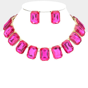 GOLD FUCHSIA STONE CUT NECKLACE SET ( 1035 GFU )