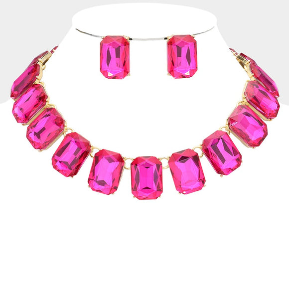 GOLD FUCHSIA STONE CUT NECKLACE SET ( 1035 GFU )