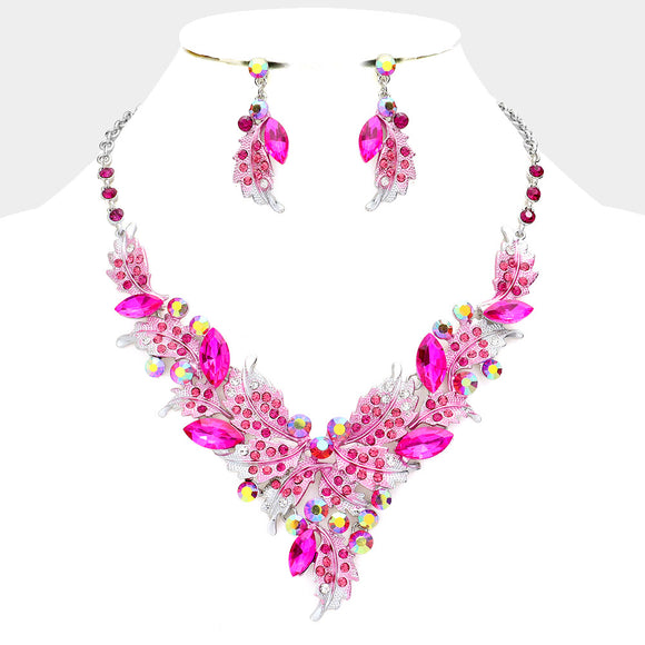 SILVER FUCHSIA NECKLACE SET LEAF DESIGN EVENING ( 12334 RFU )