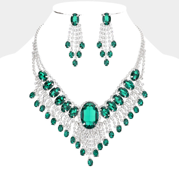 SILVER NECKLACE SET CLEAR GREEN STONES ( 15131 SGR )