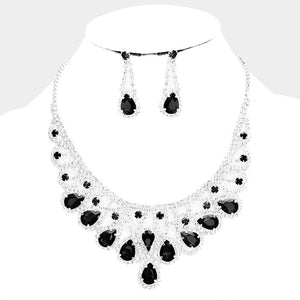 SILVER NECKLACE SET BLACK CLEAR STONES ( 15237 SCLBK )