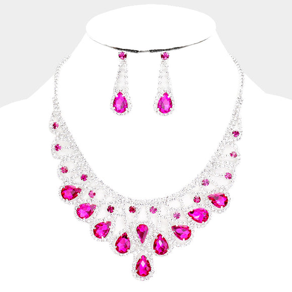 SILVER NECKLACE SET FUCHSIA CLEAR STONES ( 15237 SFU )