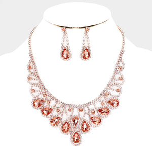 ROSE GOLD NECKLACE SET CLEAR PEACH STONES ( 15237 RGPC )