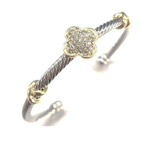 SILVER GOLD CUFF BANGLE QUATREFOIL CLEAR STONES ( 1548 TT )