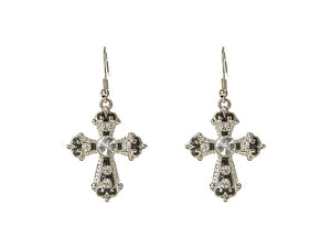 SILVER BLACK CROSS EARRINGS CLEAR STONES ( 18243 5CL )