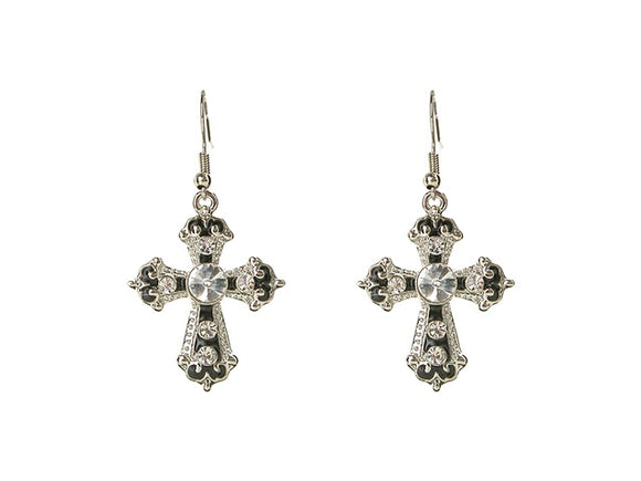 SILVER BLACK CROSS EARRINGS CLEAR STONES ( 18243 5CL )