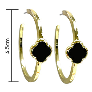 GOLD HOOP BLACK QUATREFOIL EARRINGS ( 1047 BK )