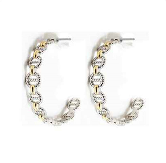 TWO TONE LINK HOOP EARRINGS ( 1067 )