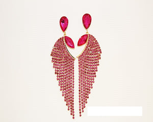 GOLD FUCHSIA RHINESTONE STRAND DANGLING EARRINGS ( 1750 GFU )