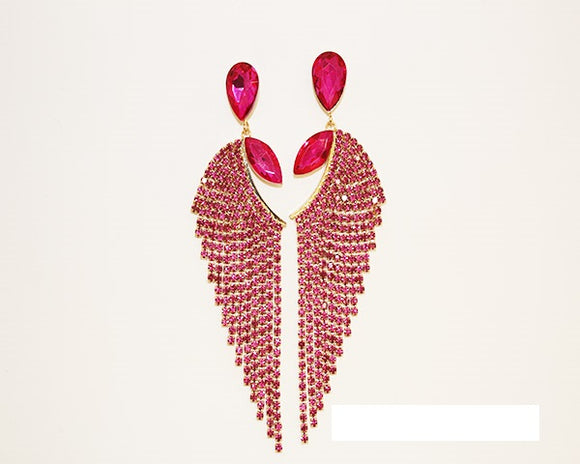 GOLD FUCHSIA RHINESTONE STRAND DANGLING EARRINGS ( 1750 GFU )