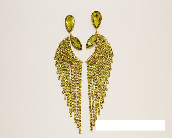 GOLD OLIVE GREEN RHINESTONE STRAND DANGLING EARRINGS ( 1750 GOLV )