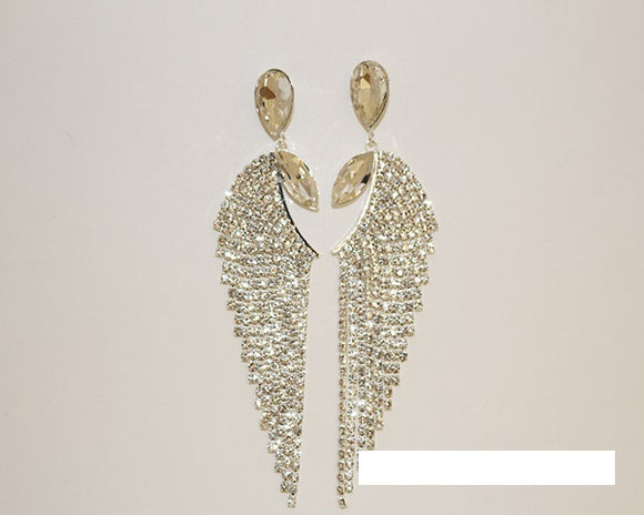 SILVER CLEAR RHINESTONE STRAND DANGLING EARRINGS ( 1750 SCRY )