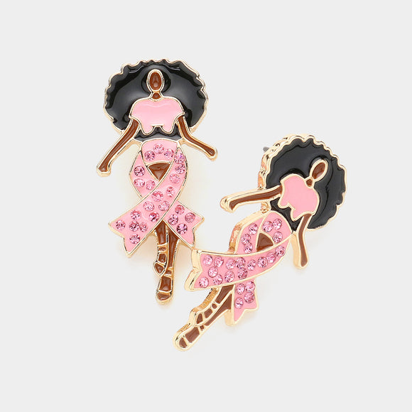 GOLD PINK RIBBON AFRO WOMAN EARRINGS ( 2220 GDLPK )