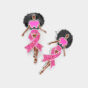 SILVER PINK RIBBON BLACK WOMAN EARRINGS ( 2220 RHPK )