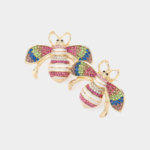 GOLD LIGHT MULTI COLOR RHINESTONE BEE EARRINGS ( 2855 GDLMT )