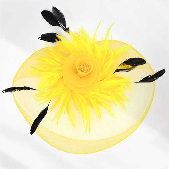 YELLOW FASCINATOR BEAD CLUSTER FEATHERS MESH FLOWER DESIGN ( 1259 YW )