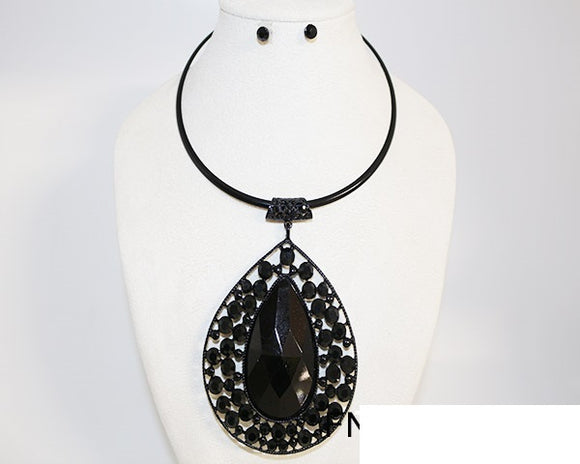 BLACK CHOKER LARGE BLACK TEARDROP PENDANT ( 1005 BKJET )