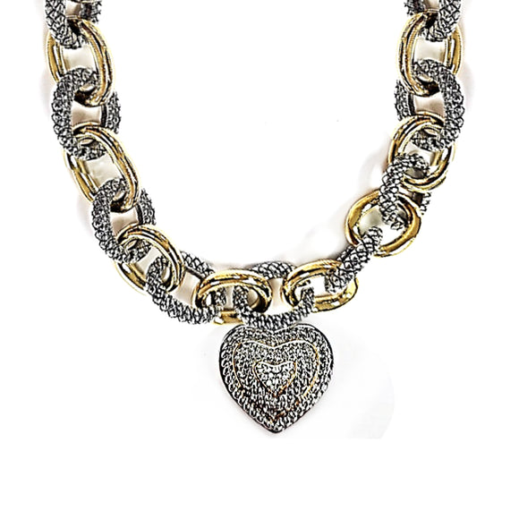 SILVER GOLD NECKLACE HEART PENDANT ( 1080 )