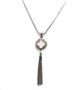 LONG SILVER GOLD NECKLACE QUATREFOIL CLEAR STONES TASSEL ( 1121 MOP )