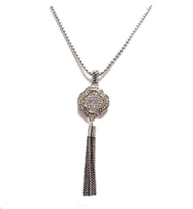 LONG SILVER GOLD NECKLACE QUATREFOIL CLEAR STONES TASSEL ( 1122 TT )