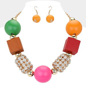 GOLD MULTICOLOR WOOD NECKLACE SET CLEAR STONES ( 30100 GMT )