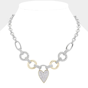 SILVER GOLD HEART NECKLACE CLEAR CZ STONES ( 9016 K )