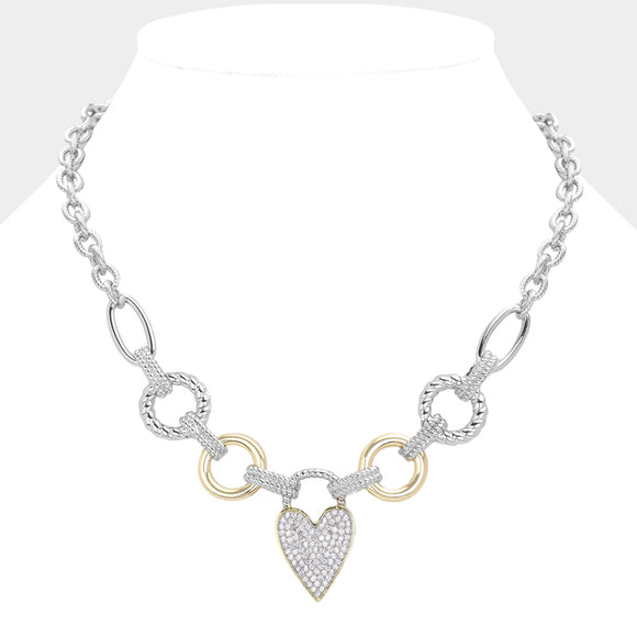 SILVER GOLD HEART NECKLACE CLEAR CZ STONES ( 9016 K )
