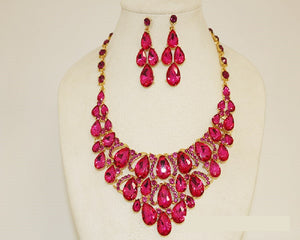 GOLD NECKLACE SET FUCHSIA STONES ( 1017 GFU )