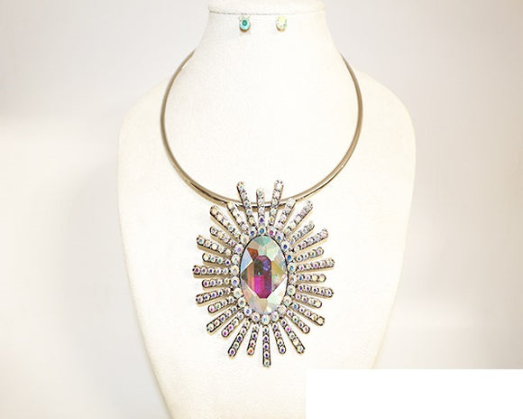 SILVER CHOKER NECKLACE SET AB STONES ( 1034 SAB )