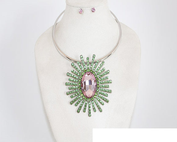 SILVER CHOKER NECKLACE SET PINK GREEN STONES ( 1034 SPKGR )