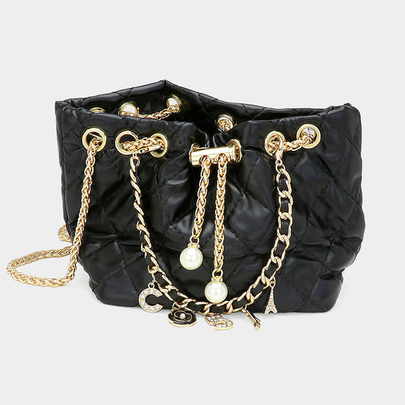 BLACK MINI BUCKET BAG DANGLING CHARMS ( 1057 GDBK )