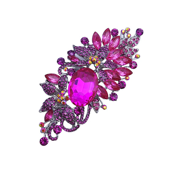 SILVER FLORAL BROOCH Fuchsia RHINESTONES ( 06236 FU )