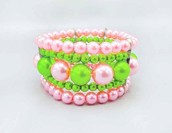 3 PIECE PINK AND GREEN PEARL STRETCH BRACELETS ( 6020 )