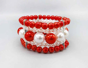 3 PIECE RED AND WHITE PEARL STRETCH BRACELETS ( 6020 RD )