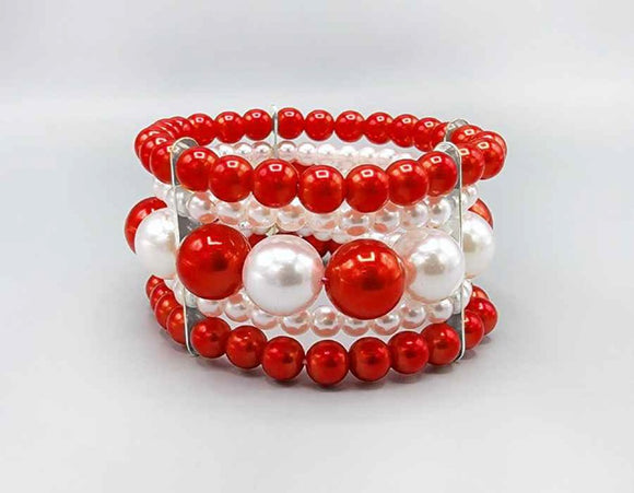 3 PIECE RED AND WHITE PEARL STRETCH BRACELETS ( 6020 )