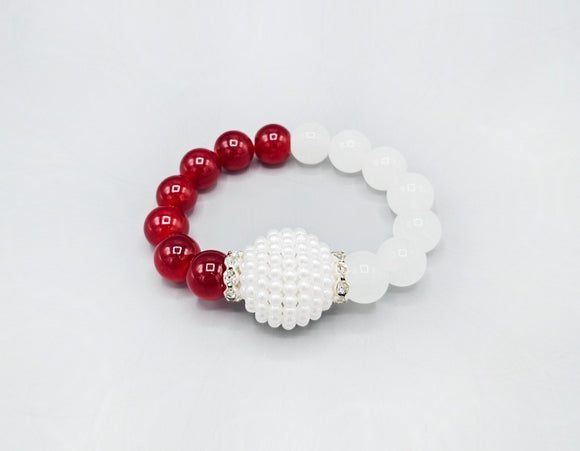 RED WHITE PEARL STRETCH BRACELET ( 6072 RDWHT )