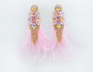 GOLD PINK FEATHER EARRINGS CLEAR PINK STONES ( 2603 PK )