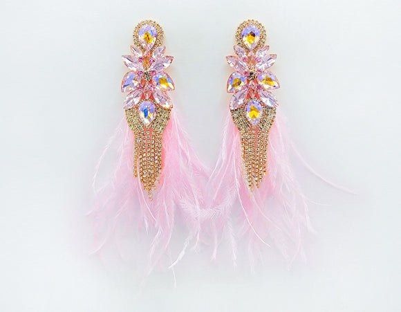 GOLD PINK FEATHER EARRINGS CLEAR PINK STONES ( 2603 PK )