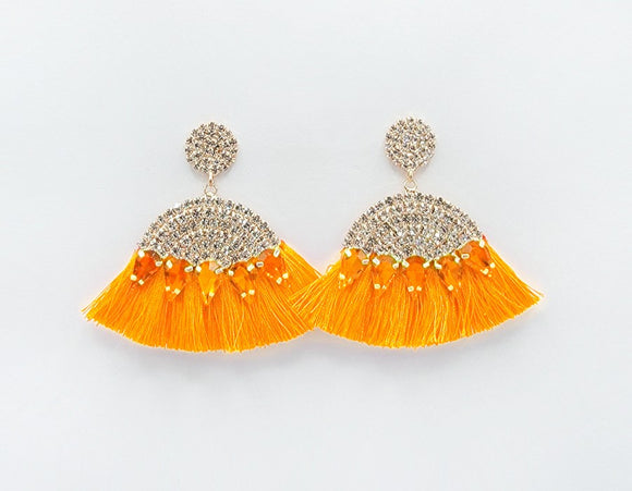 GOLD ORANGE TASSEL EARRINGS CLEAR ORANGE STONES ( 2610 ORG )