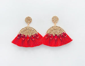 GOLD RED TASSEL EARRINGS CLEAR RED STONES ( 2610 RD )