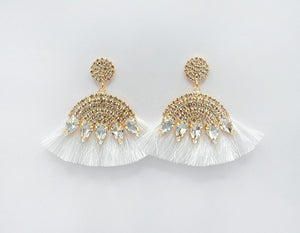 GOLD WHITE TASSEL EARRINGS CLEAR WHITE STONES ( 2610 WHT )