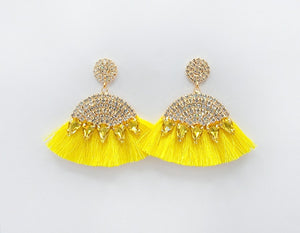 GOLD YELLOW TASSEL EARRINGS CLEAR YELLOW STONES ( 2610 YEL )