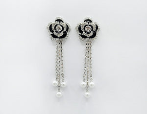 SILVER BLACK DANLGING FLOWER EARRINGS CLEAR STONES WHITE PEARLS ( 2629 RHBK )