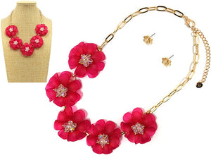 GOLD PINK FLOWER NECKLACE SET ( 1102 GDPK )