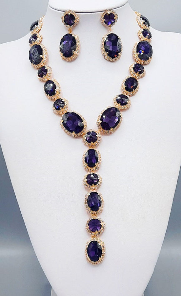 Purple Clear Oval and Round Y Drop Necklace Set with Gold Hardware ( 2048 PU )