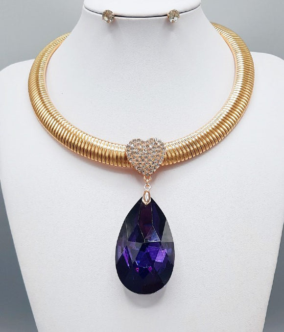 GOLD NECKLACE PURPLE TEARDROP PENDANT ( 3186 PU )