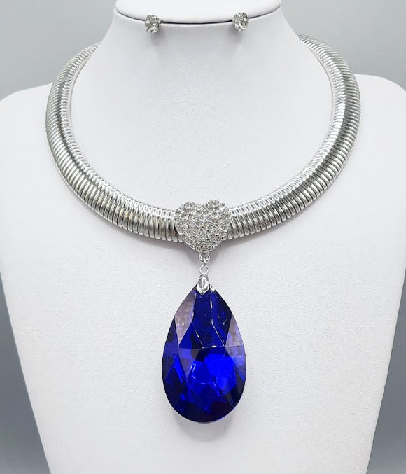 SILVER NECKLACE WITH BLUE TEARDROP PENDANT ( 3186 RBL )