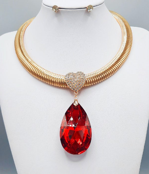GOLD NECKLACE RED TEARDROP PENDANT ( 3186 RD )