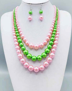 3 LAYER PINK AND GREEN PEARL NECLACE ( 3211 )