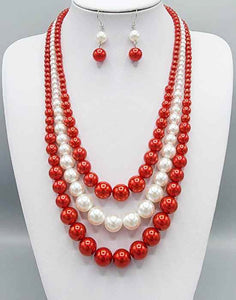 3 LAYER RED AND WHITE PEARL NECLACE ( 3211 )